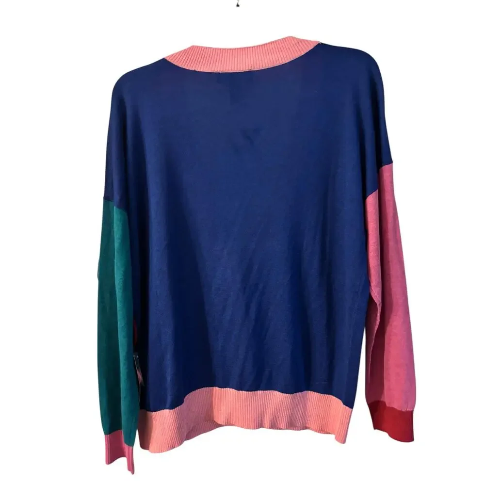 ModCloth Women’s Color block Cardigan Button Up V Neck Size Large NWT Pink Blue - Picture 5 of 7